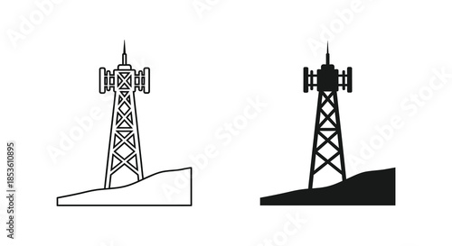 Detailed illustrations of communication towers against a plain background showcasing a striking silhouette