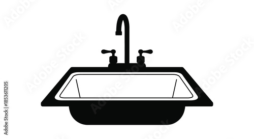 A simple black and white illustration depicting a bathroom sink and faucet in silhouette