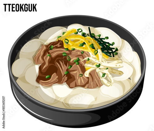 Teokguk Korean Rice Cake Soup for Lunar New Year. Beef Gogi, Egg White & Yolk Jidan, Green Onions & Seaweed Gim Toppings. Traditional Asian Cuisine Vector Illustration
