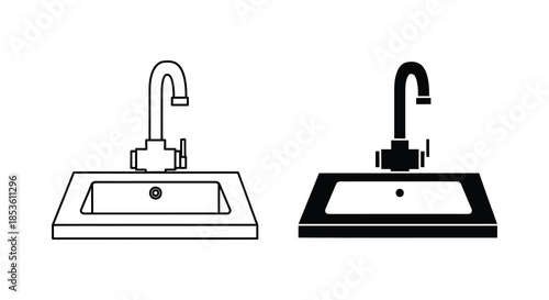 A minimalistic depiction of two kitchen sink fixtures presented as bold black and white line art silhouette