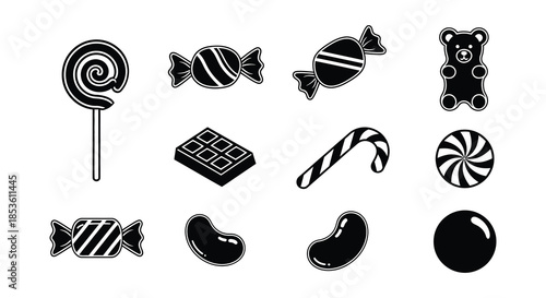 Black and white illustration of various candies a donut and a teddy bear