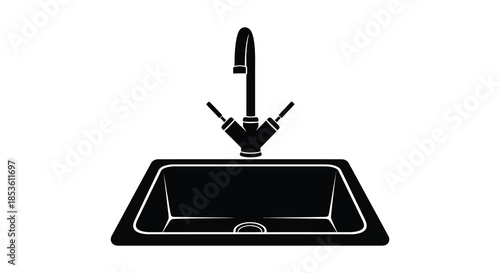 A modern kitchen sink and faucet design represented in a striking black and white silhouette