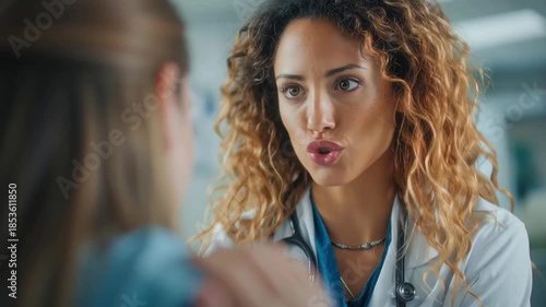 Young female doctor clinician with stethoscope consulting patient clinic providing compassionate healthcare consultation and global mental health