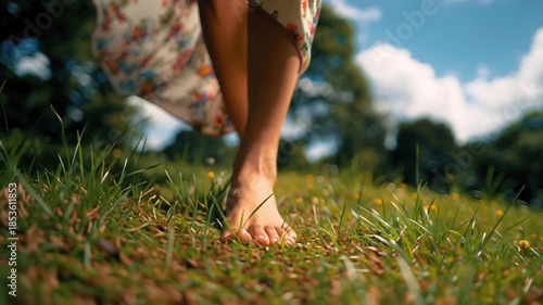 Barefoot meadow floral dress summer nature walk barefoot floral dress walking on grass sunny meadow global mental health calm natural outdoor