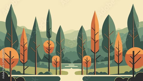 Geometric Forest: A stylized illustration of a serene forest landscape, showcasing a harmony of geometric shapes and vibrant colors, offering a tranquil vista of the natural world.
