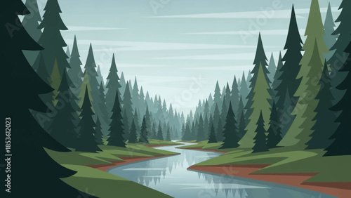 Serene Forest River: A tranquil river meanders through a dense forest, embraced by towering trees. The serene landscape showcases nature's artistry. The trees form a verdant tunnel.