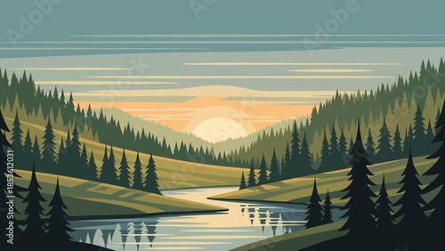 Scenic Valley Illustration: A captivating landscape, with a river winding through lush valleys, serene mountains, and vibrant trees, all under a tranquil sky.