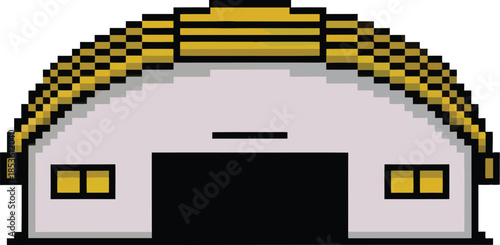 Pixel art hangar warehouse building with curved roof for retro game asset