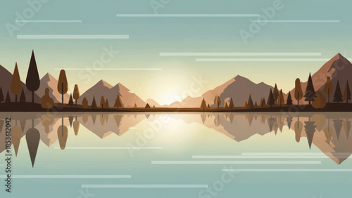 Scenic Symmetry: A serene landscape, where majestic mountains meet the tranquil water's edge, reflecting the sunrise hues in a perfect display of nature's artistry.
