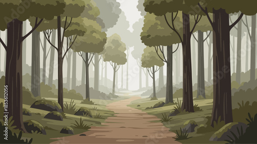 Path Through Serene Woods: A tranquil pathway meanders through a dense forest, sunlight filtering through the canopy, creating a scene of peace and serenity.