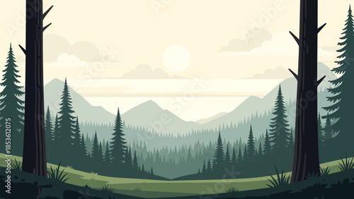 Forest Landscape: The illustration presents a breathtaking panorama of a dense forest stretching towards distant mountains under a serene sky, capturing the essence of natural beauty and tranquility.