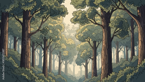 Lush Forest Landscape: An enchanting illustration of a dense forest scene, where sunlight filters through the canopy, creating a peaceful and serene environment.