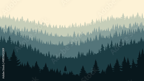 Enchanting Forestscape: A serene, layered panorama unveils a majestic forest, with silhouettes of trees creating a mesmerizing effect against the ethereal gradient of the sky.
