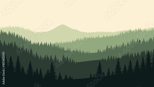 Serene Mountain Vista: A tranquil landscape showcasing rolling green mountains covered in evergreen trees, creating layers of depth under a soft, diffused light.