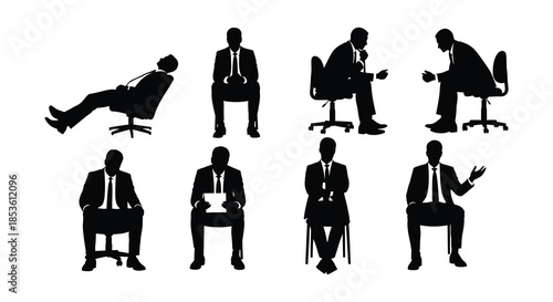 Silhouettes of businesspeople in various poses seated on office chairs