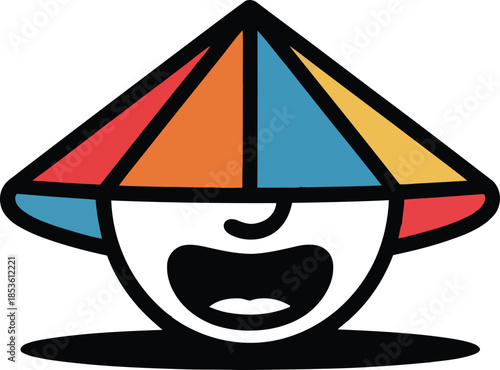 Laughing cartoon mascot face wearing colorful conical hat illustration