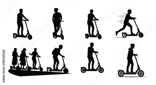Silhouettes of people riding electric scooters in various poses and groupings
