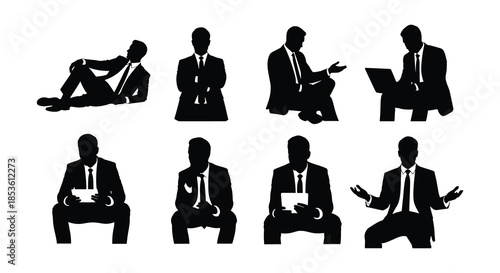 Silhouettes of businesspeople in various poses seated on office chairs