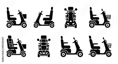 Silhouettes of people riding electric scooters and walking a dog