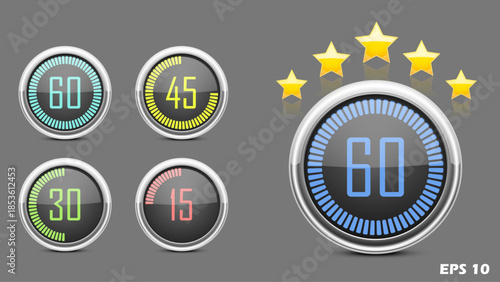 Set of Circular Progress Timers and 5-Star Rating Dashboard. Modern UI Infographic with 15, 30, 45, and 60 Minute Countdown Loaders for Fitness, Gaming, and Business Apps. EPS 10 Vector