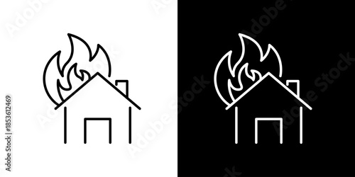 Striking minimalist line icon of a residential house engulfed in flames, conveying concepts of fire hazards, property damage, and urgent emergency situations