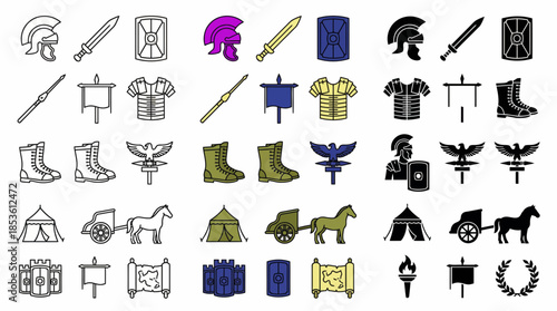 Set of various Roman military equipment and symbols in line, color, and silhouette styles, concept for history education materials, ancient civilization infographics and themed presentations