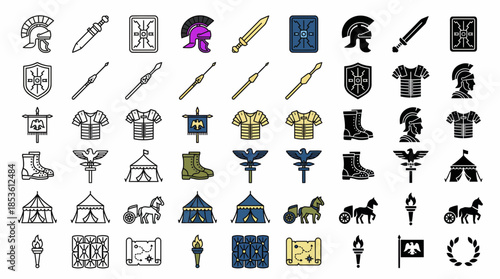 Collection of Roman military equipment and symbols in outline and color icons, concept for historical game assets, educational materials, and cultural presentation