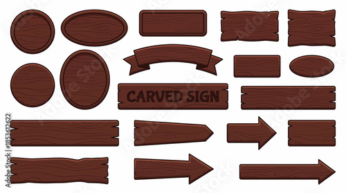 Collection of various dark brown wooden signs and arrows with carved texture, concept for game UI design, rustic marketing material and adventure game navigation