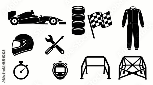 Black and white icons set for motor racing, including formula car, helmet, tools, and safety equipment, concept for motorsport event promotion, racing team branding and speed competition design