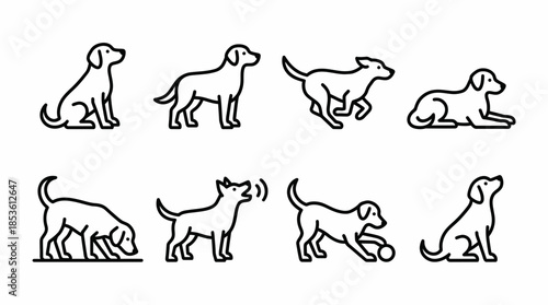 Set of eight simple black outline dog icons showing various common poses and actions, concept for pet shop logo design , veterinary clinic branding  and animal shelter flyers 
