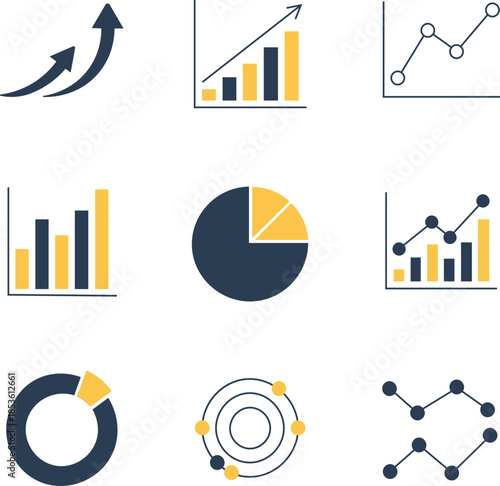 Business Analytics Chart Icons Set. Data Visualization, Graph, Pie Chart, Bar Chart, Growth Trend Vector Illustration