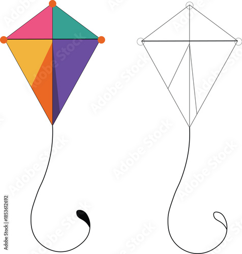 Kite Vector Illustration Set. Colorful Kite and Outline Kite Design for Festivals and Kids Activities