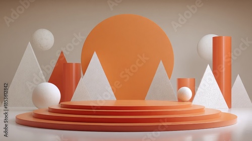 Modern abstract 3D geometric shapes in orange and white hues
