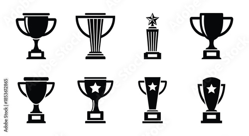 Collection of various black trophy and star award icons on a white background
