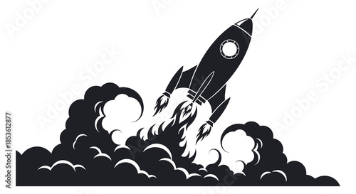A striking black and white image of a rocket launching with billowing smoke and flames silhouette