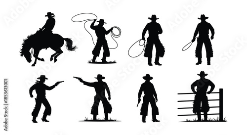 Black silhouettes of cowboys performing various western activities and poses