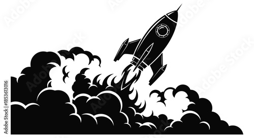 A powerful rocket launching with bright flames and billowing smoke a dramatic silhouette