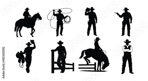 Black silhouettes of cowboys performing various western activities and poses