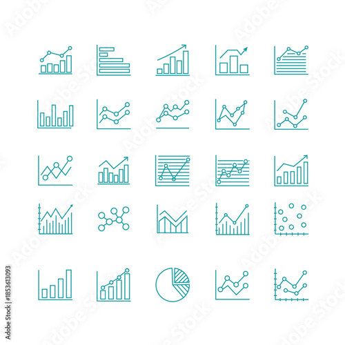 Business analytics line and bar chart icon set, data visualization symbols, financial growth statistics vector.