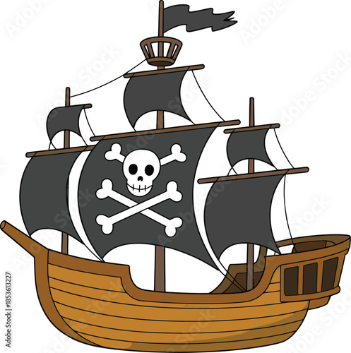 Cartoon pirate ship with black skull sails and wooden hull illustration