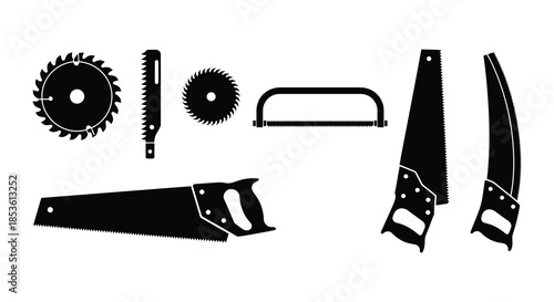 Black and white silhouettes of various saws and cutting tools