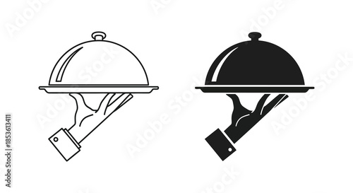 Two depictions of a hand presenting a covered dish on a platter a striking silhouette