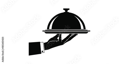 A striking black and white image of a hand presenting a covered serving dish silhouette
