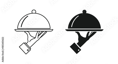 A pair of cloche covers presented on hands one outline and one solid a culinary presentation silhouette