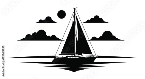 A striking black silhouette of a sailboat gliding across calm waters under a setting sun silhouette
