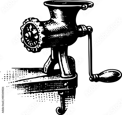 Vintage Manual Meat Grinder Black White Engraving Style Illustration