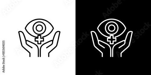 Empowerment and Protection A conceptual line art icon symbolizing women's advocacy, watchful care, and gender equality through cupped hands, an eye, and the female symbol