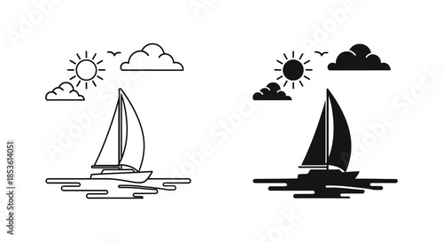 A contrasting depiction of a sailing boat scene with sun clouds and water a striking silhouette