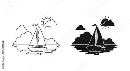 A peaceful seascape with a sailboat sun and clouds presented in two contrasting styles silhouette