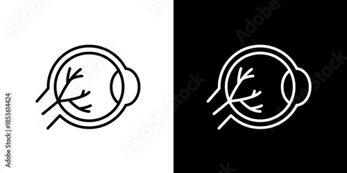 Icon illustration of an eyeball with blood vessels on white and black background, medical icon concept